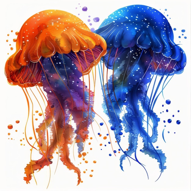 Blue Jellyfish Painting on White Background