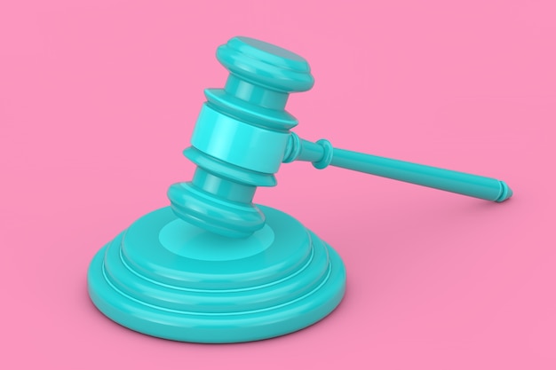 Blue judge gavel en sound block als duotone style op een roze achtergrond. 3d-rendering