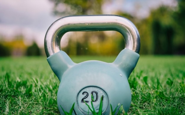 Голубой kettlebell на зеленой лужайке