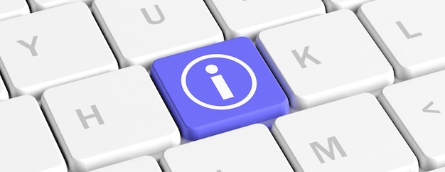 Blue key button with information icon on a computer keyboard banner 3d illustration