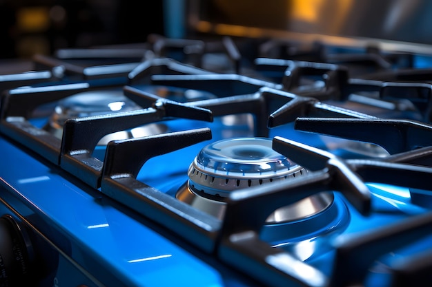 Blue kitchen gas stove flame in kitchen black cast iron frame near closeup detail