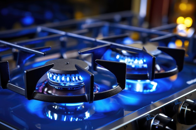 Blue kitchen gas stove flame in kitchen black cast iron