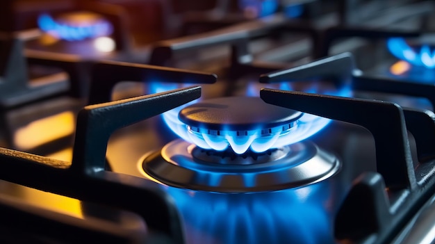 Blue kitchen gas stove flame in kitchen