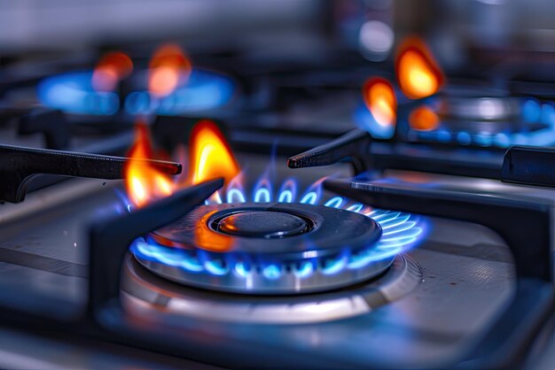 Photo blue kitchen gas stove flame in kitchen