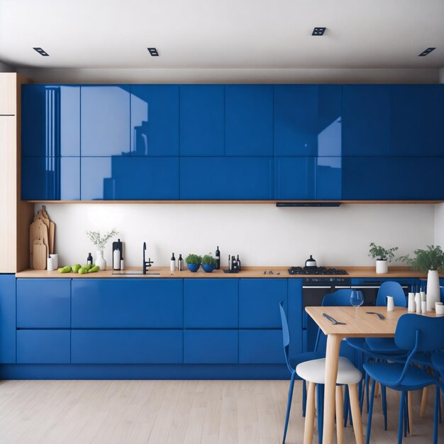 Photo blue kitchen and minimalist interior design