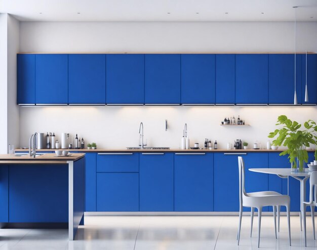 Photo blue kitchen and minimalist interior design