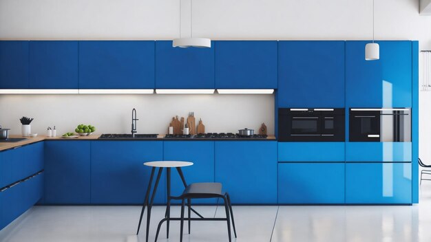 Photo blue kitchen and minimalist interior design