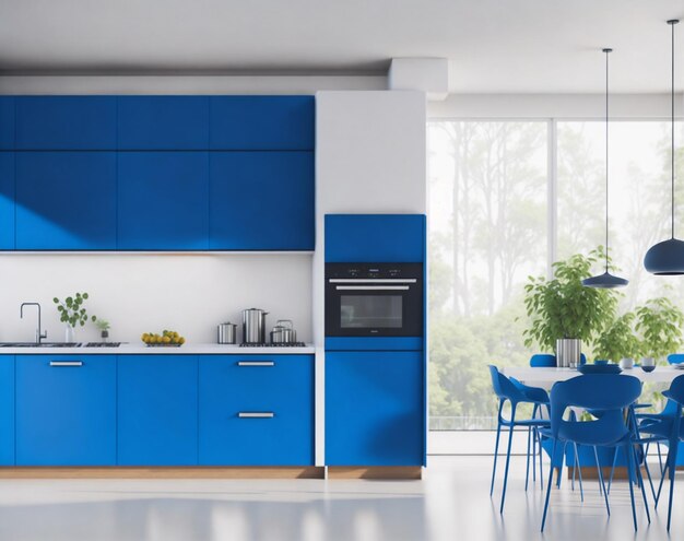 Blue kitchen and minimalist interior design