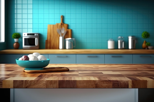 A blue kitchen with a bowl of food on a wooden counter.