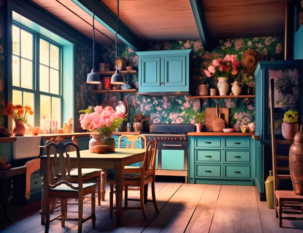 A blue kitchen with pink and white paint