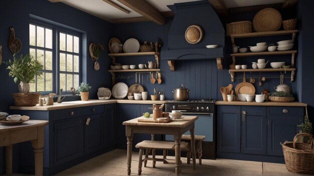 a blue kitchen with a stove a table and a pot on the stove