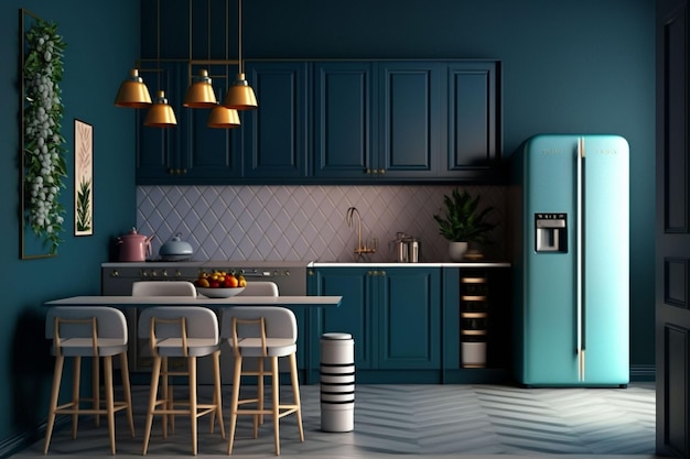 A blue kitchen with a white table and chairs and a blue fridge.