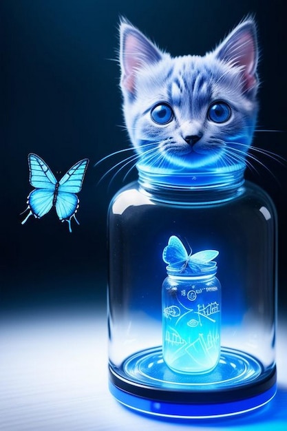 Photo blue kitten standing near magic jar with blue butterfly glowing neon