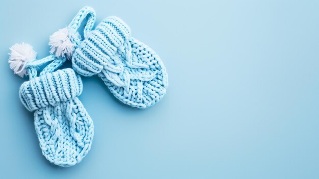 Blue knitted baby shoes on blue background