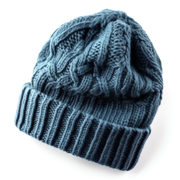 A blue knitted beanie with a knitted hat on a white background.