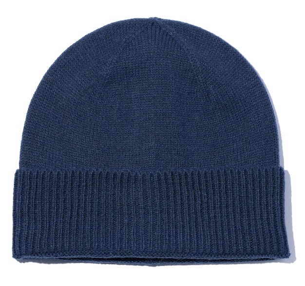 Blue knitted hat on a white isolated background