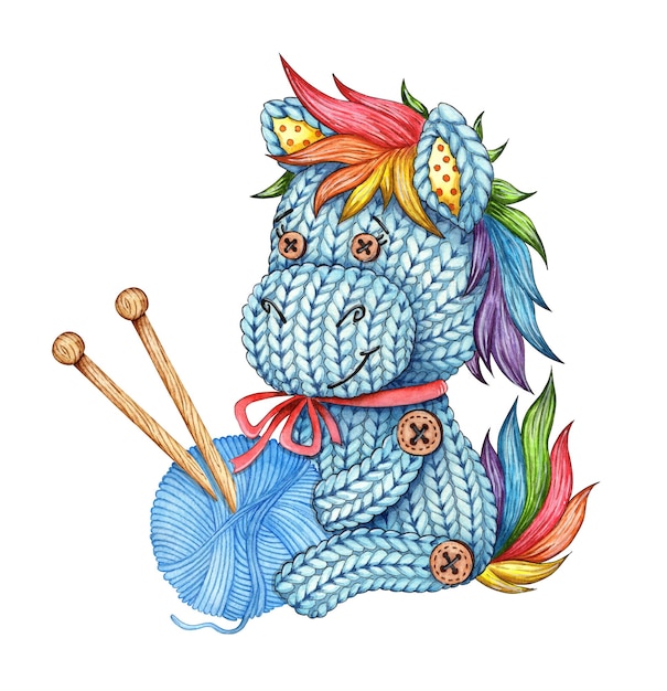 Blue knitted pony and ball of thread logo watercolor