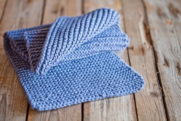 Blue knitted wooden scarf