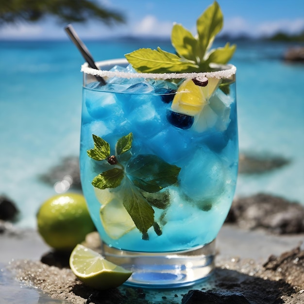 Photo blue lagoon bliss closeup of refreshing cocktail