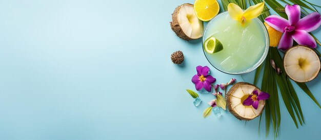 Photo blue lagoon martini with vodka cranberry juice and garnishes in a black glass isolated pastel background copy space