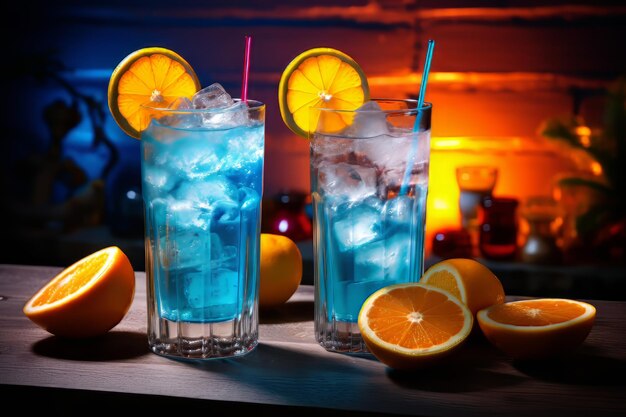 Blue lagoon and orange cocktails with fruit slices