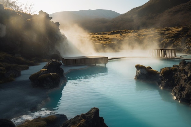 A blue lagoon with a steamy mountain in the background.