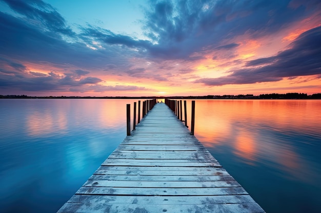 Blue Lake bij zonsondergang houten pieren die reflecteren op de serene wateren met een prachtig Horizon-ontwerp