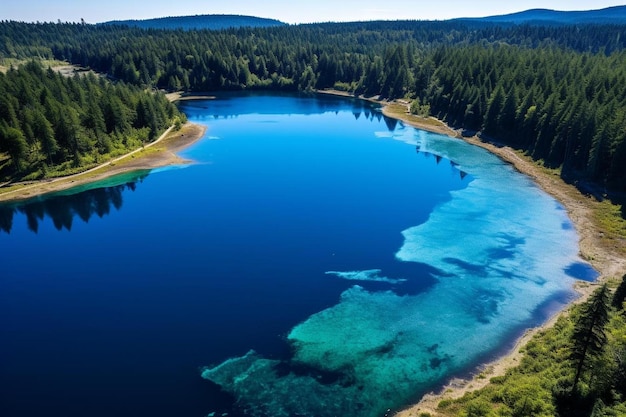 the blue lake is surrounded by mountains and forest.