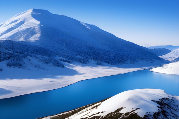 A blue lake in the mountains with snow on the ground