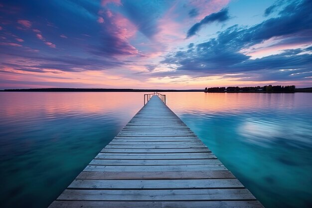 blue lake sunset with twin wooden piers reflecting in the calm water relaxing beachscape