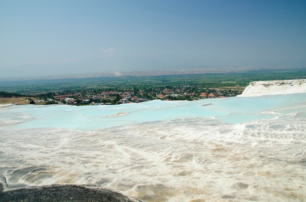 Blue lakes of Pamukkale hills and mountains