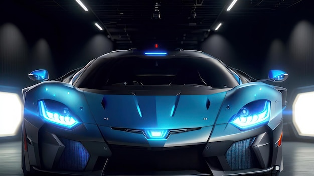 A blue lamborghini is shown in a dark room.