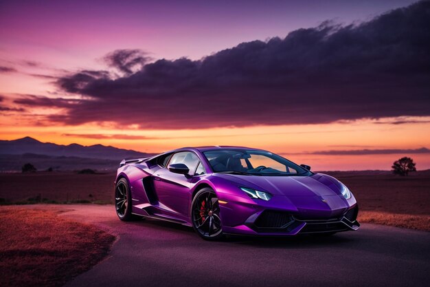 Photo a blue lamborghini on the road with a cloudy sky in the background