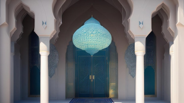 A blue lamp hangs in front of a door that says'the word'on it '