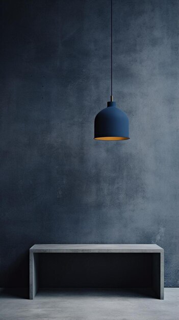 a blue lamp hangs above a white table