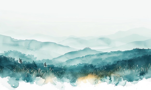 Blue landscape of foggy forest winter hill Wild nature frozen misty watercolor background