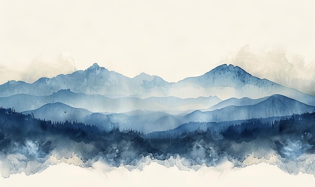Blue landscape of foggy forest winter hill Wild nature frozen misty watercolor background