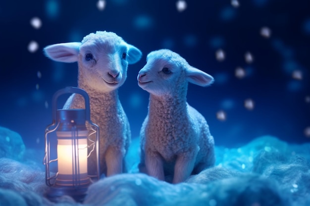 青いランタンが 2 頭の愛らしい子羊に天の輝きを放ちます