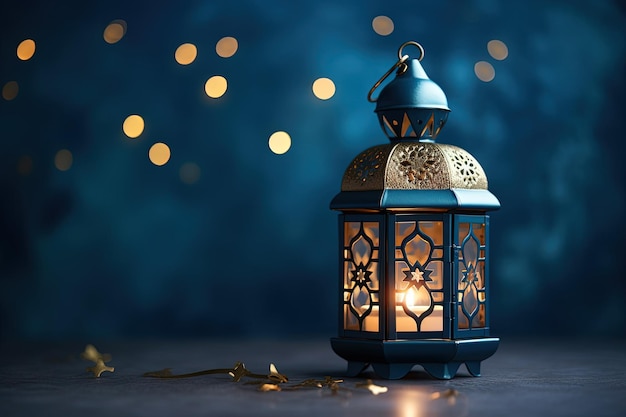 A blue lantern with a lit candle on a table