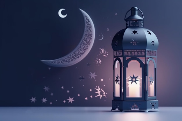 A blue lantern with stars and moon in the background