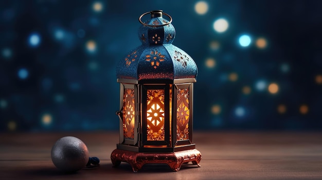 A blue lantern with the word ramadan on it