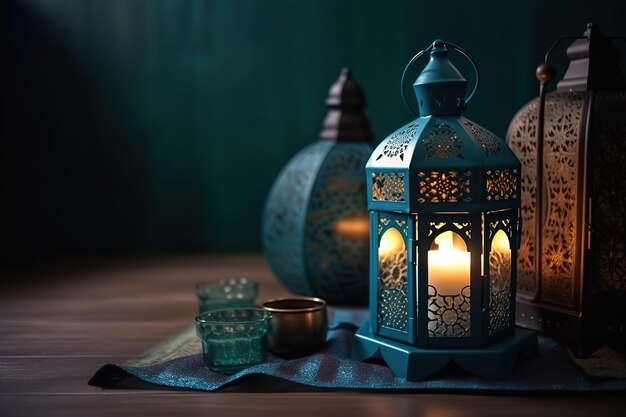 Photo a blue lantern with the words ramadan on it