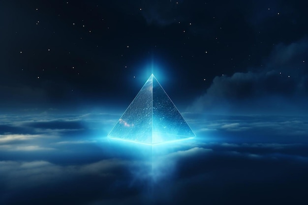 Photo blue laser pyramid or prism on reflective surface and starry background with smoke or fog