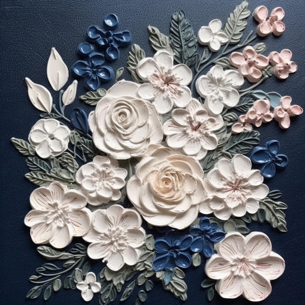 A blue leather background with flowers and leaves on it.