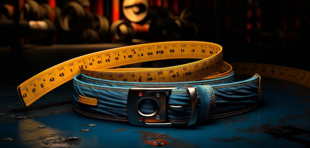 Blue leather belt and yellow measuring tape on blue table in gym