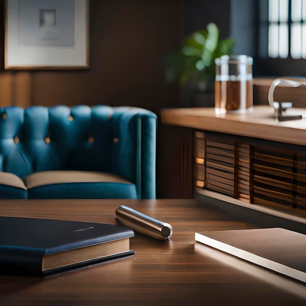 A blue leather chair in a room with a book on the table