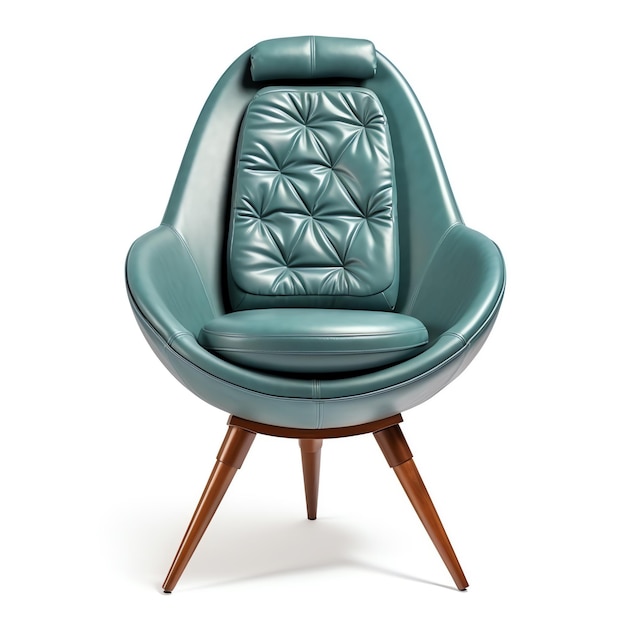 a blue leather chair with wooden legs