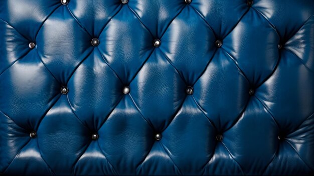 Blue leather seat with rivets in row on top of it