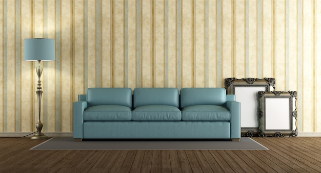 Blue leather sofa in a classic living room