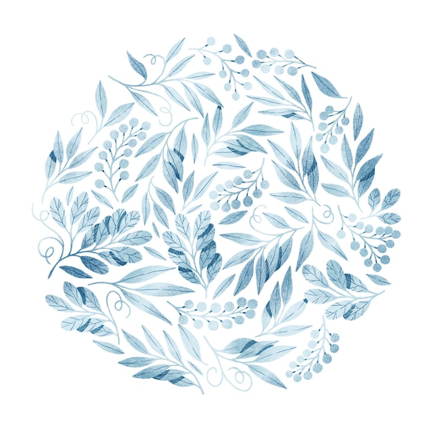 Blue leaves branches and berries circle composition botanical illustration cute florals